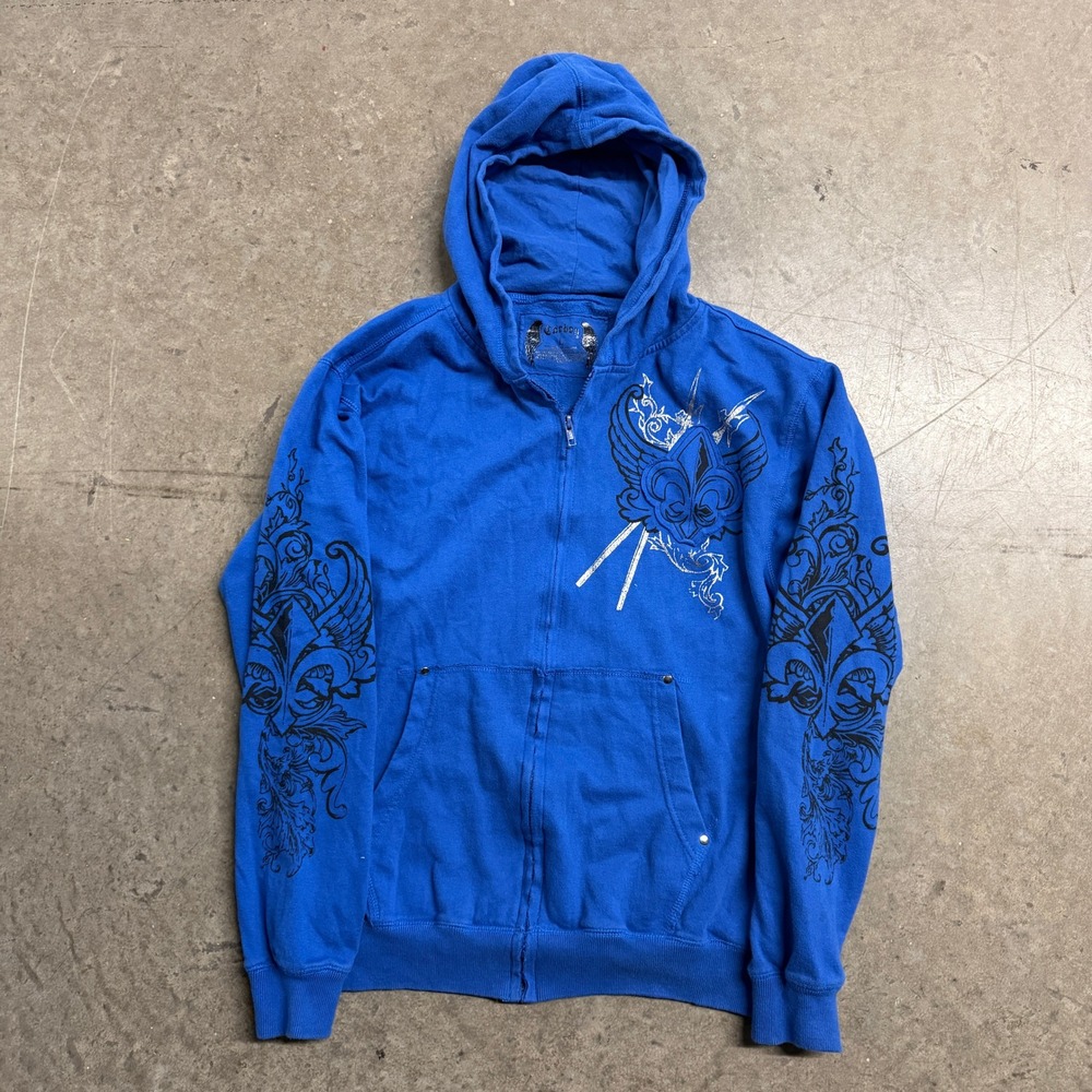 Carbon Mens Blue Graphic Zip Up Hoodie Fleur De Lis Wing Sword Y2K Size Large